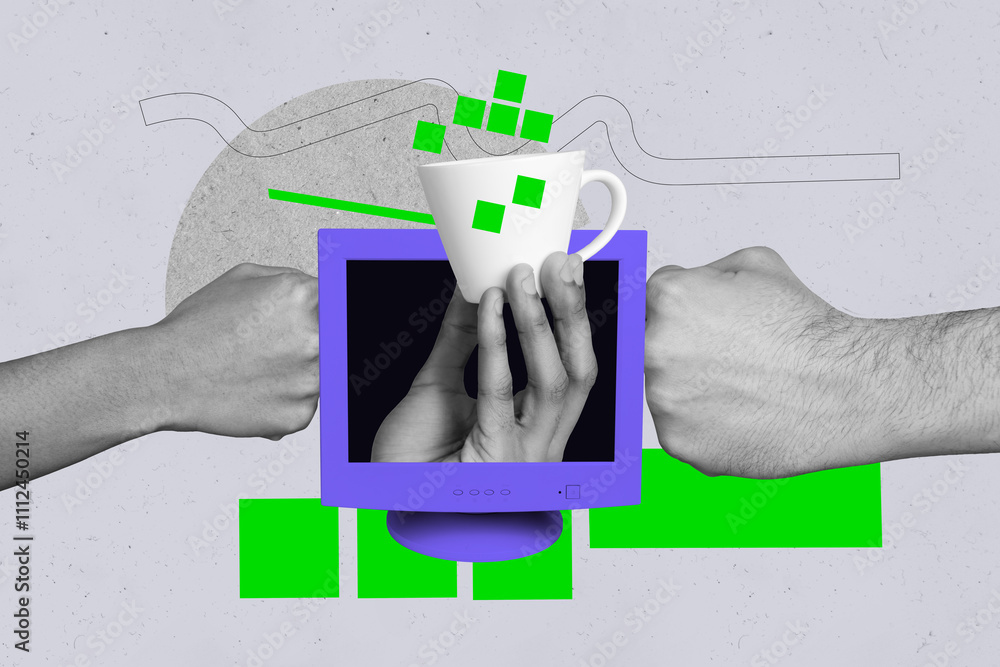 Poster composite trend artwork sketch image photo collage of anonymous hand fist push computer monitor hack