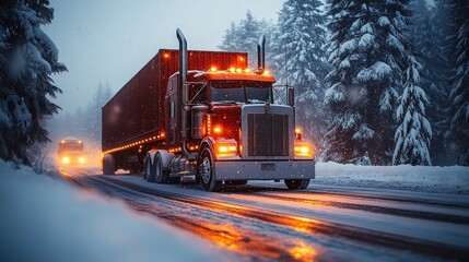 Trucks haul containers across through a snowstorm