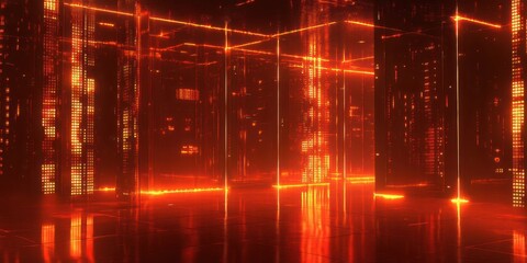 A futuristic data server room with glowing circuits and suspended data packets.