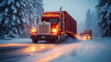 Trucks haul containers across through a snowstorm