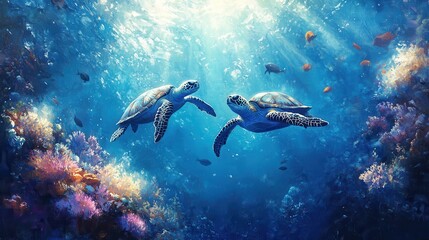 Fototapeta premium Majestic Sea Turtles Gliding Through Vibrant Coral Reefs in Sunlit Ocean Depths