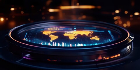 A glowing holographic dashboard displaying global financial data.