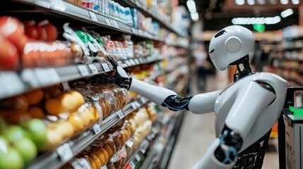 A humanoid robot is seen in a grocery store aisle, carefully selecting fresh produce with its mechanical hand, representing automation in daily life.