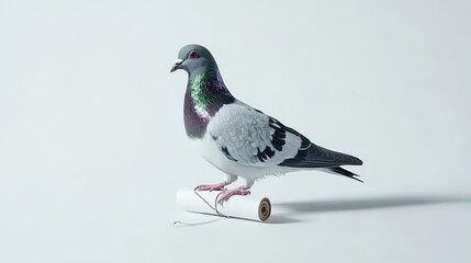 Fototapeta premium A pigeon perched on a clean white surface with a small rolled letter tied to its leg, sharp focus, minimalistic and crisp design 
