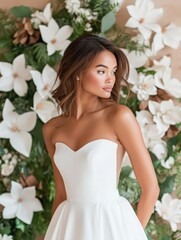 A stunning bride in a strapless gown stands gracefully amidst a backdrop of white and green florals, embodying modern elegance and timeless charm.