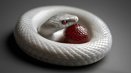 Fototapeta premium White Snake Coiling Around Red Sphere on Gray Surface
