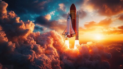 Fototapeta premium Space rocket lift off. Space shuttle with smoke and blast takes off into space on a background of blue planet earth with amazing sunset
