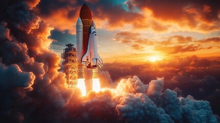 Space rocket lift off. Space shuttle with smoke and blast takes off into space on a background of blue planet earth with amazing sunset