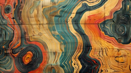 A painted wood pattern with bold, overlapping colors and natural grain textures, forming a unique abstract background
