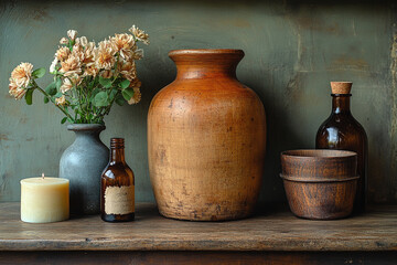 Still life arrangement with flowers vase bottles and bowls