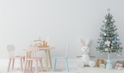 A minimalistic and festive Christmas tree stands in a light and airy nursery. adorned with playful decorations A small table and chairs. along with a stuffed bunny toy. create a cozy and inviting spac