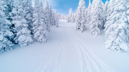 Obraz premium Stunning winter landscape with snow covered trees and ski tracks