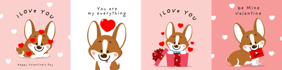 Happy Valentine's day with cute corgi puppy dog and red heart. Pet animal in love holidays cartoon character collection. -Vector