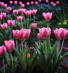 Fototapeta premium Colorful tulips with glowing pink neon centers and white stems in a garden at night, botanical, floral