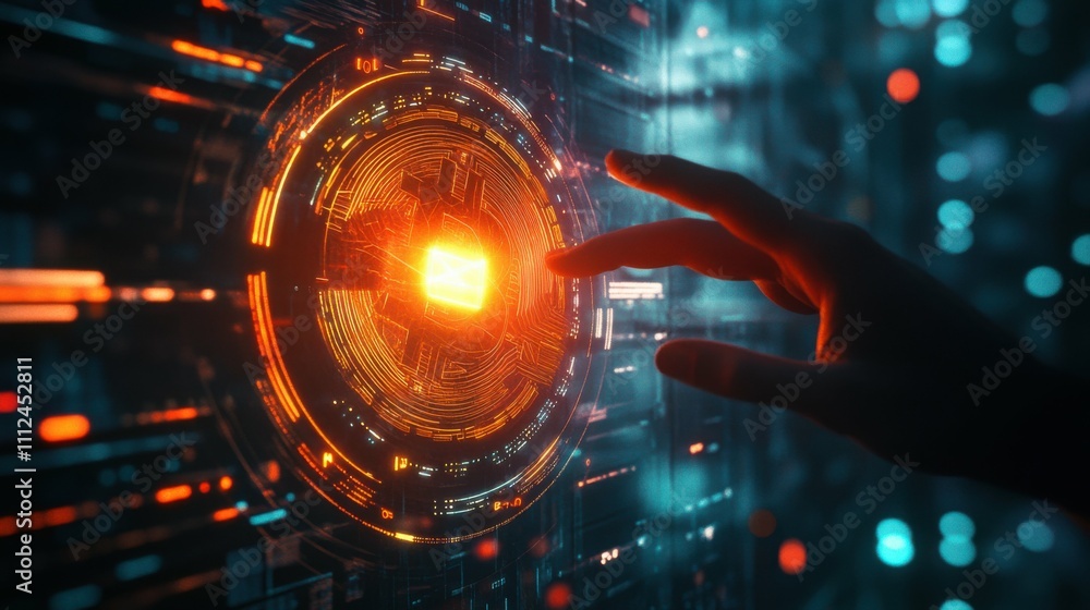 Poster a ai man hand reaches towards a glowing bitcoin, vibrant digital interface, dynamic world of cryptoc
