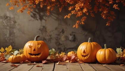 Autumnal background with a carved pumpkin and squash, festive, autumn