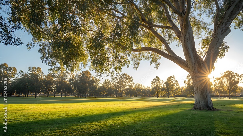 Poster serene park landscape under majestic trees at sunset with soft sunlight filtering through leaves and