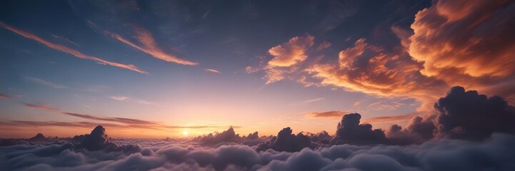 Fototapeta premium Cirrostratus clouds cast a beautiful blue and orange glow in the sky, blue and orange colors, cloud formations