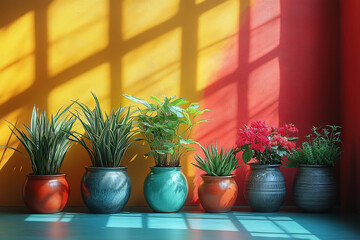 Fototapeta premium Vibrant potted plants bask in sunlight against a colorful wall