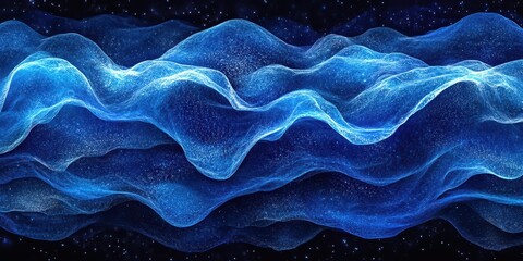 Dynamic blue particle waves flowing in layered patterns with sparkling highlights.