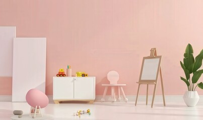 A pink and white children s playroom with an easel. a chair. and a cabinet filled with toys