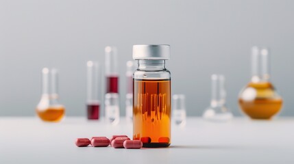 Material science studies compounds. Pharmaceutical vial with capsules and lab glass...