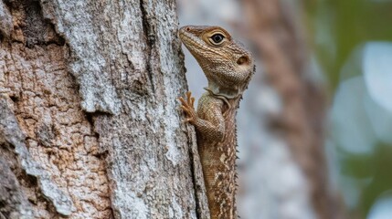 A lizard climbing a textured tree trunk in a natural setting.