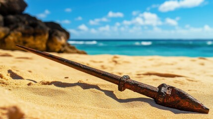 Ancient harpoon resting on sandy beach, partially buried with weathered wooden handle and rusted metal tip, evoking historical maritime heritage and archaeological significance.