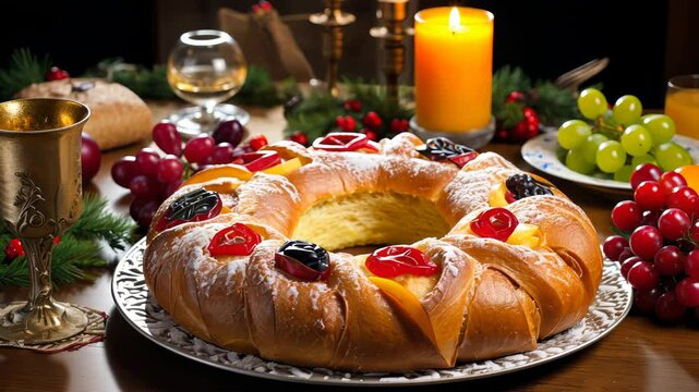 Close up of ready to eat Epiphany cake. Rosca de Reyes, almond cake