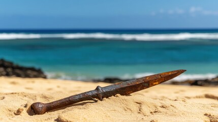 Ancient harpoon resting on sandy beach, partially buried with weathered wooden handle and rusted metal tip, evoking historical maritime heritage and archaeological significance.