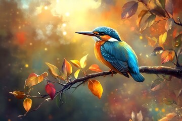 Colorful Kingfisher Perched on an Apple Tree Branch in Autumn with Vibrant Fall Leaves