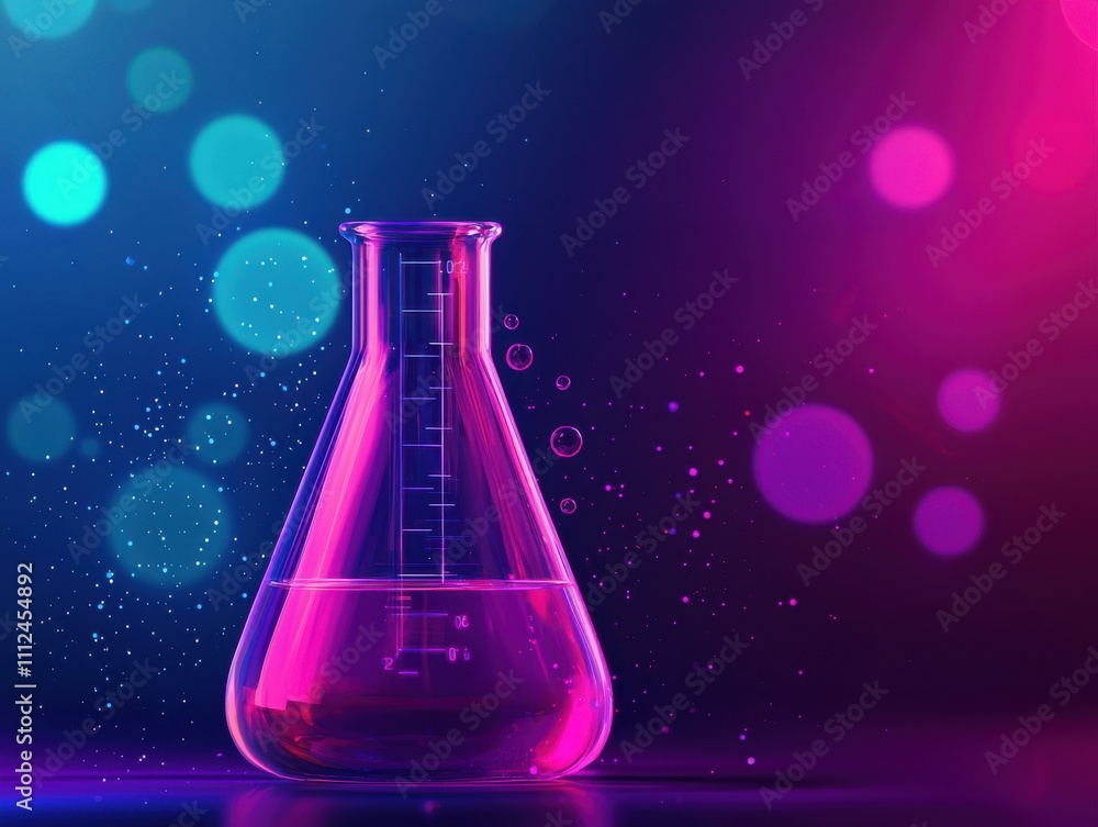 Poster a colorful laboratory flask filled with liquid, set against a vibrant backdrop with bokeh lights, cr