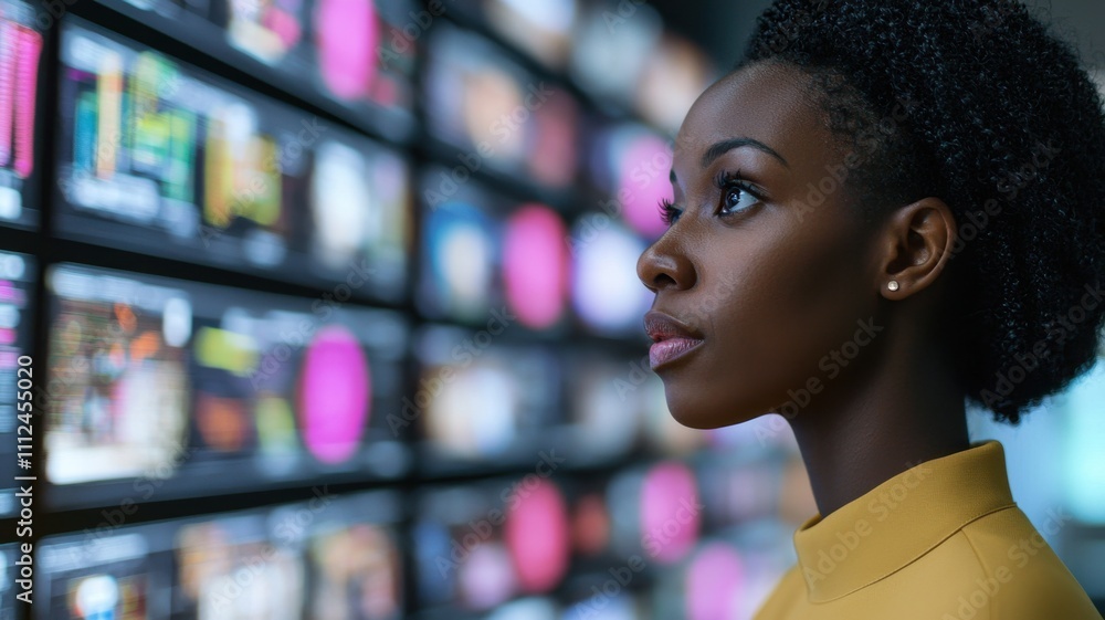 Poster a woman in a yellow top gazes thoughtfully at a vibrant array of screens displaying various content,