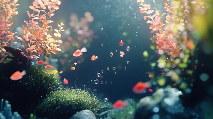 Fototapeta premium A serene underwater scene with orange fish swimming through a bed of green moss and orange plants.