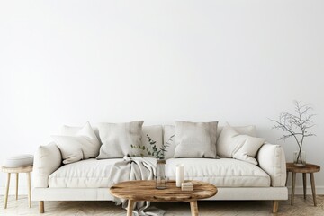 Minimalist living room interior with white sofa. wooden coffee table and decorative vase with twigs