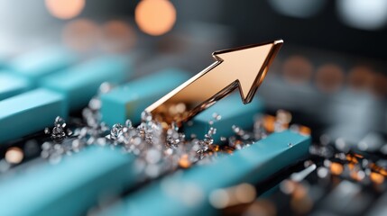 This abstract artistic image features a shiny arrow soaring over turquoise blocks, representing economic revival, improving trends and the potential for prosperity.