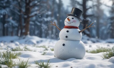 Obraz premium A group of snowflakes falling around a snowman in a snowy meadow, delicate flakes, serene landscape