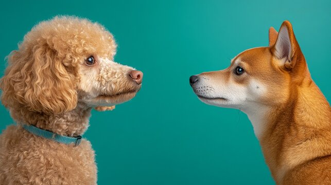 A playful interaction between a fluffy cream Poodle and a curious brown Shiba Inu against a vibrant teal background.