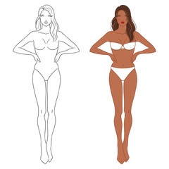 Eight-head fashion figure template. The female fashion croquis. Vector illustration of a young woman wearing lingerie, isolated on a white background. 