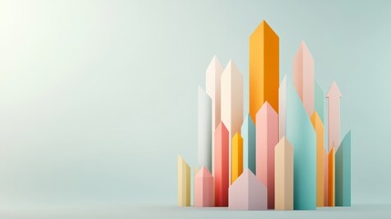 A sleek modern design of arrows pointing upward in a 3D space, each representing a different logistics metric, Abstract art, Muted tones, Clean style --chaos 10 --ar 16:9 --style raw 