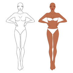 Eight-head fashion figure template. The female fashion croquis. Vector illustration of a young woman wearing lingerie, isolated on a white background. 