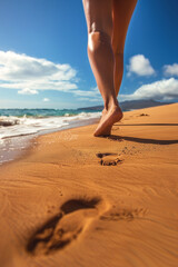 female feet on the sand at the beach Generative AI