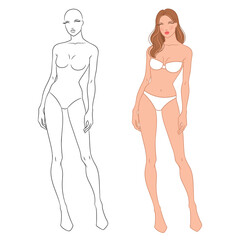 Eight-head fashion figure template. The female fashion croquis. Vector illustration of a young woman wearing lingerie, isolated on a white background. 