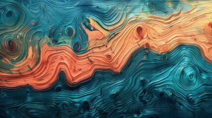 Obraz premium A rustic wood texture with vibrant colors, blending shades of teal, coral, and mustard in an artistic pattern