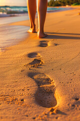 female feet on the sand at the beach Generative AI