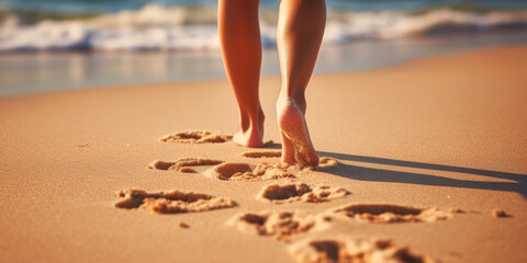 female feet on the sand at the beach Generative AI