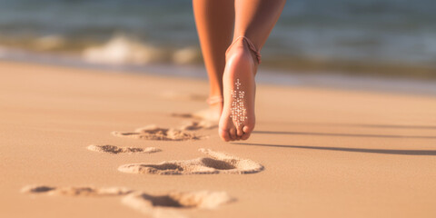 female feet on the sand at the beach Generative AI