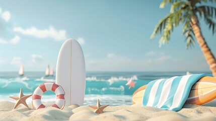 Obraz premium Summer Beach Scene with Surfboard and Life Ring