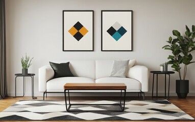 A high-resolution photorealistic image of a white wall with two empty black frame mockups, set in a Scandinavian living room. 