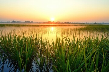 Serene sunrise over a lush rice field reflecting in calm water.